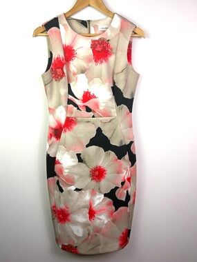 Calvin Klein Floral Midi Dress with Pink & Cream Blooms size 6